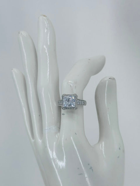 "Royale Saintess" Princess Cut Diamond Engagement Ring Set in Sterling Silver.