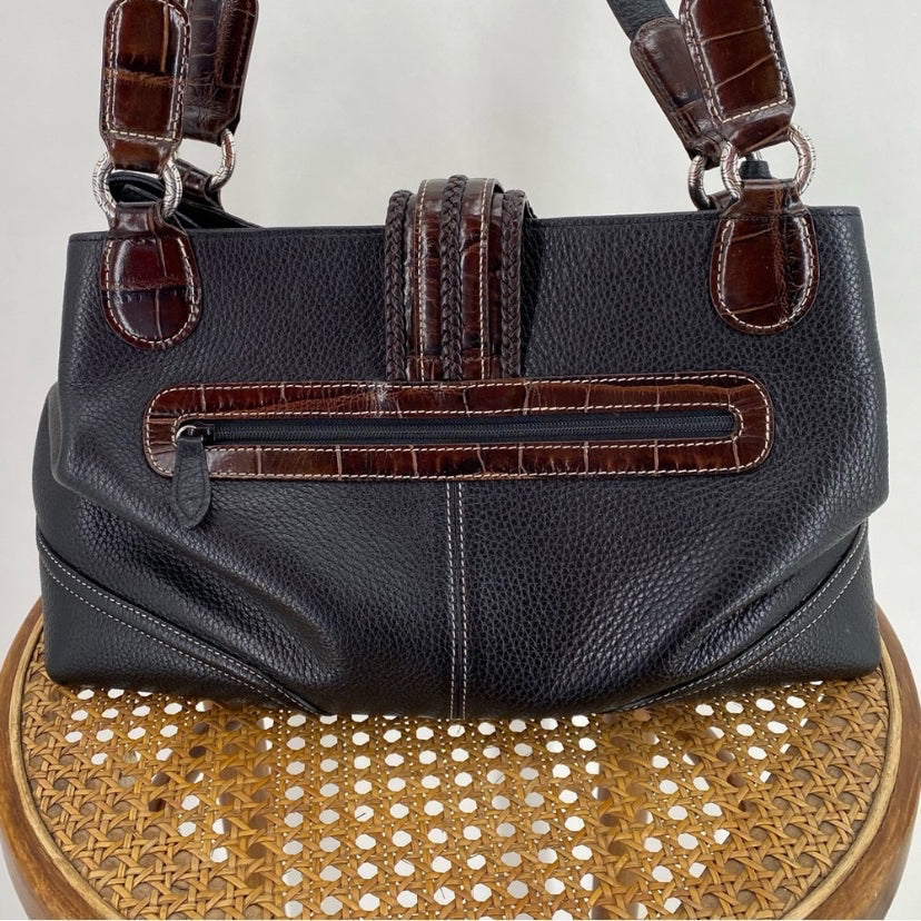 BLACK/BROWN BRIGHTON Leather Pebbeled Leather Satchel