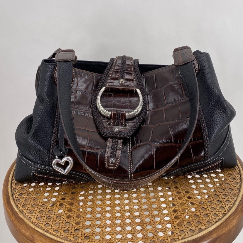BLACK/BROWN BRIGHTON Leather Pebbeled Leather Satchel