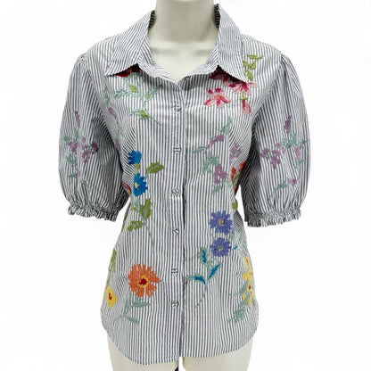 Size M JOHNNY WAS STRIPE/FLOWERS Shirt