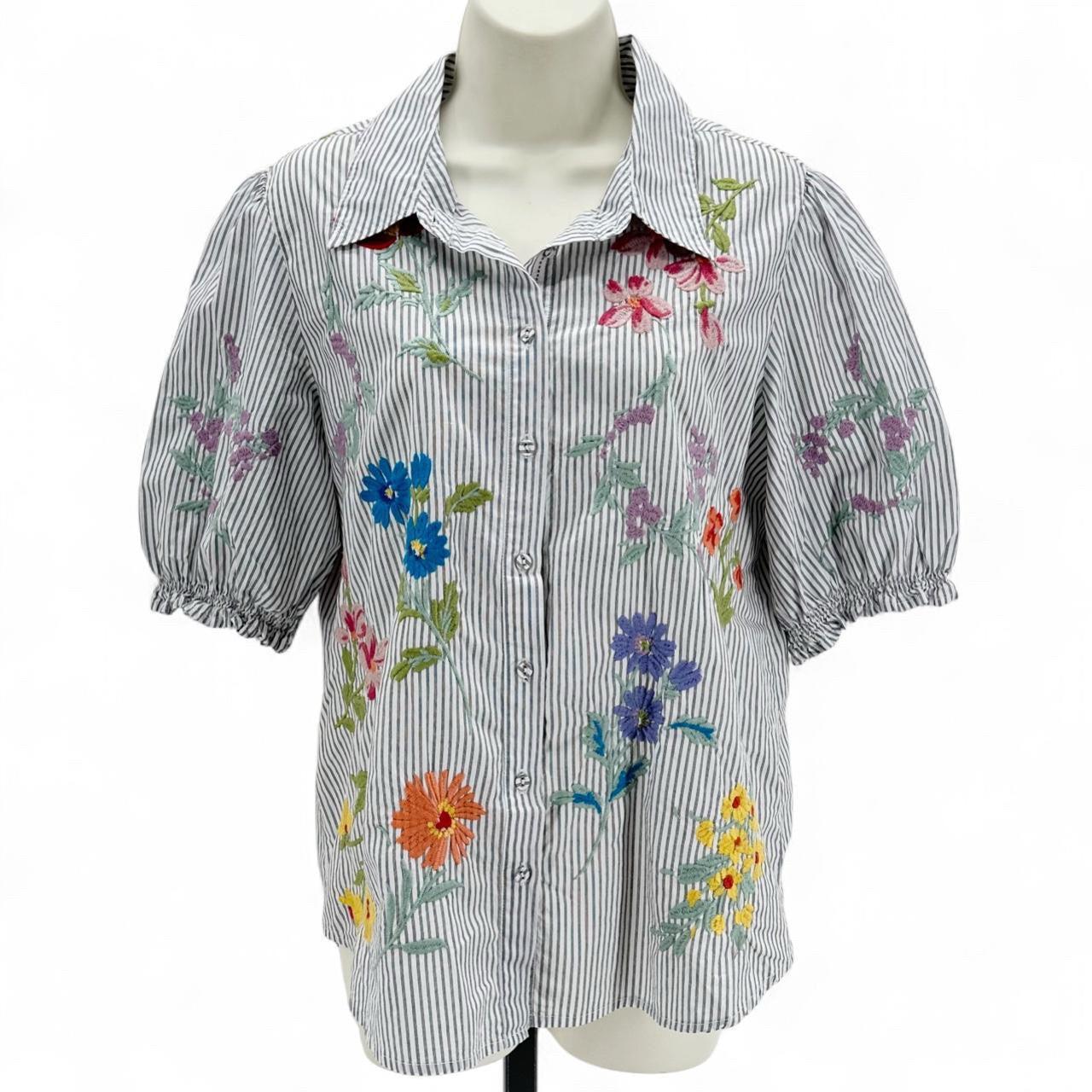 Size M JOHNNY WAS STRIPE/FLOWERS Shirt