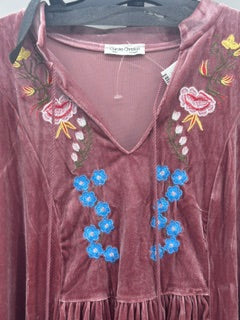 Carole Christian Size Medium Blush Velour Tunic Dress Floral Embroidery