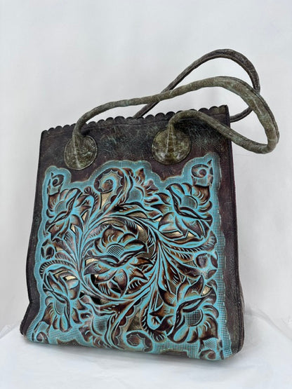 Patricia Nash Tooled Turquoise Floral Decal Gold and Brown Italian Leather Tote