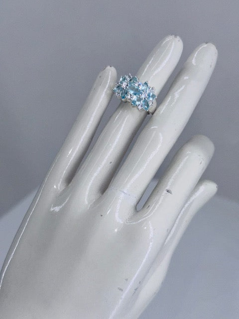 'Flower Frost' Sterling Silver, Aquamarine Florette and CZ Accented Ring