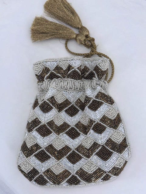 ANTIK KRAFT Pearlescent & Gold Beaded Clutch with Gold Braided Tassels