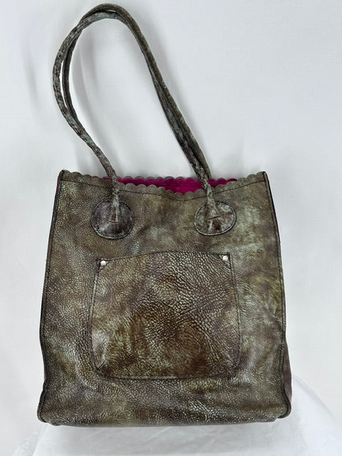 Patricia Nash Tooled Turquoise Floral Decal Gold and Brown Italian Leather Tote