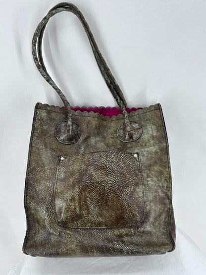 Patricia Nash Tooled Turquoise Floral Decal Gold and Brown Italian Leather Tote
