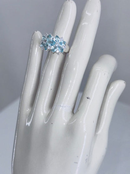 'Flower Frost' Sterling Silver, Aquamarine Florette and CZ Accented Ring