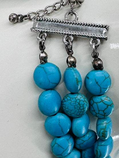 "Lady of Lakewood" 3 Strand Turquoise and Wood beaded necklace with faux diamonds.