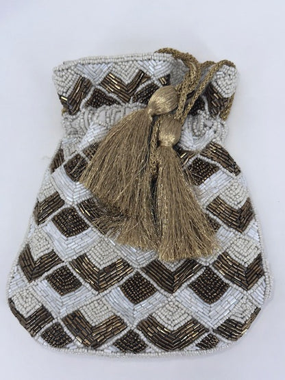 ANTIK KRAFT Pearlescent & Gold Beaded Clutch with Gold Braided Tassels