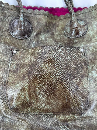 Patricia Nash Tooled Turquoise Floral Decal Gold and Brown Italian Leather Tote