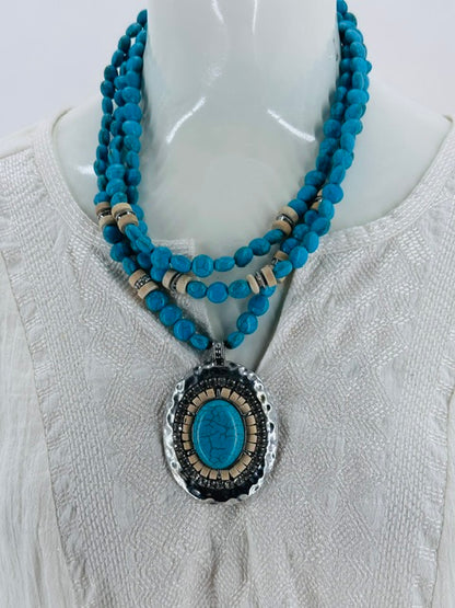 "Lady of Lakewood" 3 Strand Turquoise and Wood beaded necklace with faux diamonds.