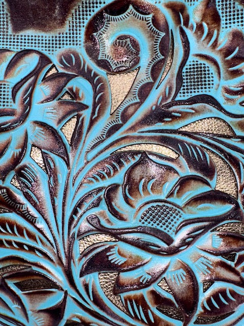 Patricia Nash Tooled Turquoise Floral Decal Gold and Brown Italian Leather Tote