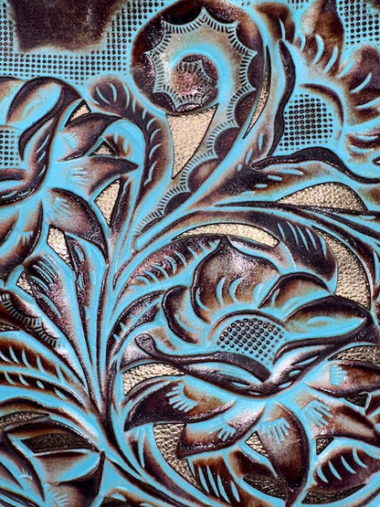 Patricia Nash Tooled Turquoise Floral Decal Gold and Brown Italian Leather Tote
