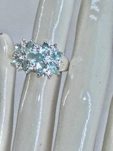 'Flower Frost' Sterling Silver, Aquamarine Florette and CZ Accented Ring