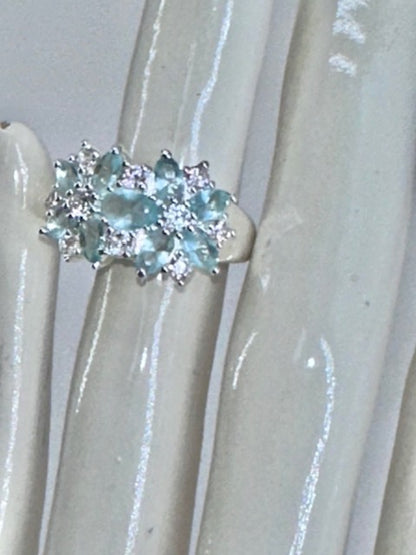 'Flower Frost' Sterling Silver, Aquamarine Florette and CZ Accented Ring