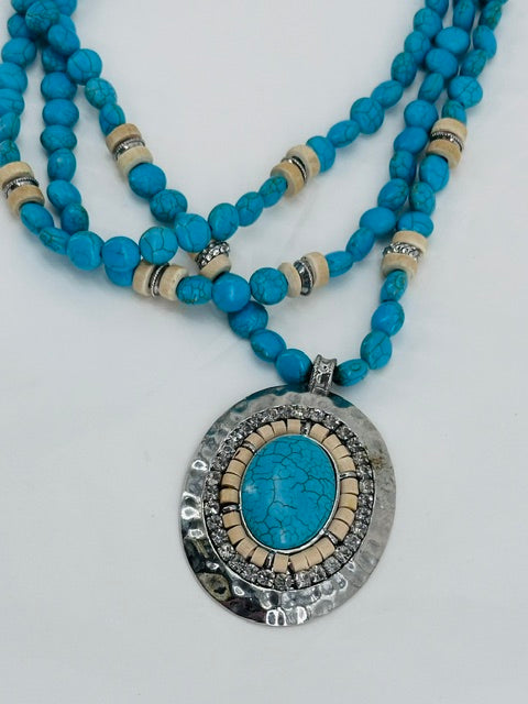"Lady of Lakewood" 3 Strand Turquoise and Wood beaded necklace with faux diamonds.