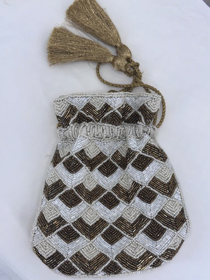 ANTIK KRAFT Pearlescent & Gold Beaded Clutch with Gold Braided Tassels